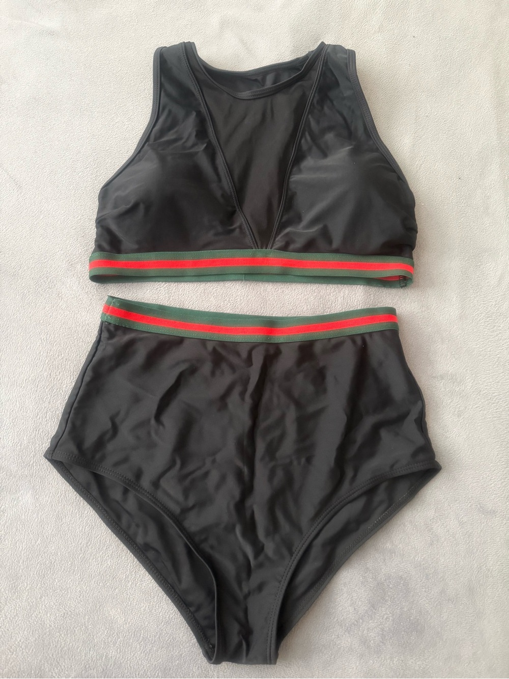 Black High-Waist Two-Piece Bikini with Green & Red Stripe